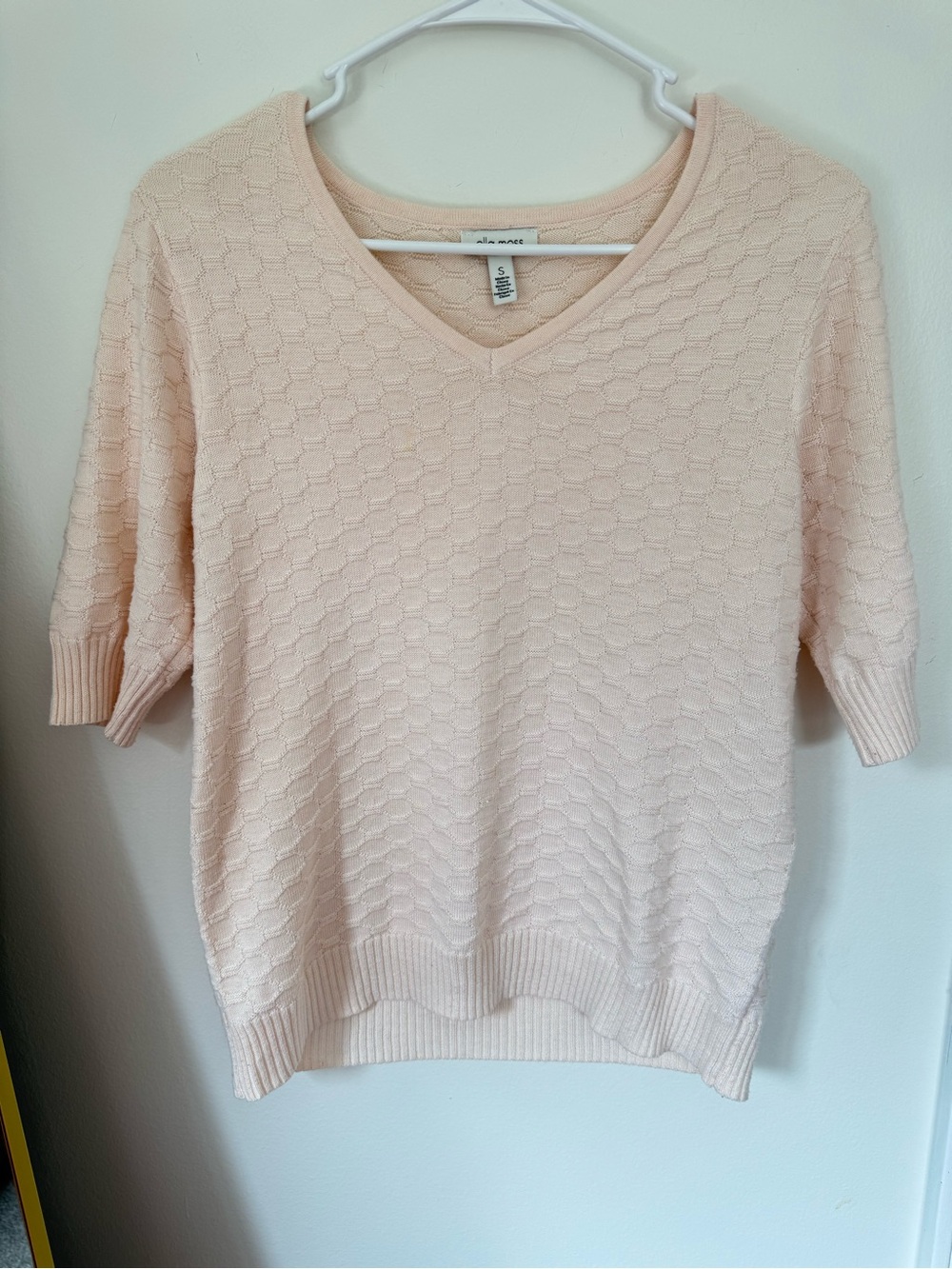 Ella Moss Pink Short Sleeve V-Neck Knit Sweater Textured Honeycomb Size S